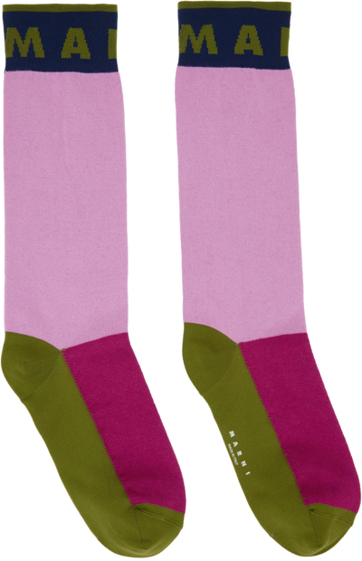 Marni Colour-block Logo-print Socks In Pink