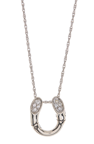John Hardy Sterling Silver Pave White Sapphire Tipped Curved Bamboo-textured Bar Pendant Necklace