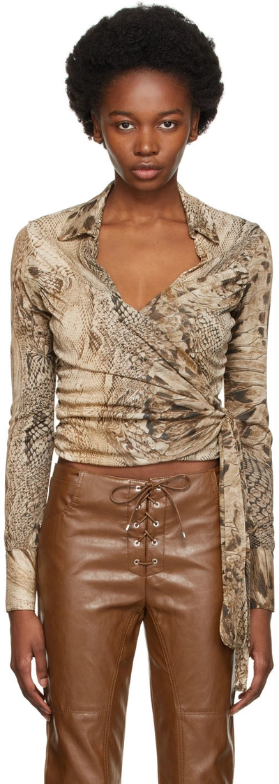 Blumarine Brown Jersey Wrap Blouse In M8335 Sahara/marrone