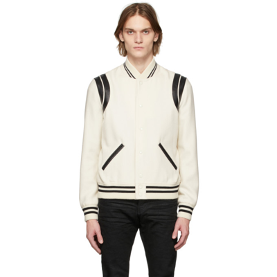 Saint Laurent Teddy Leather-trim Wool-blend Bomber Jacket In White