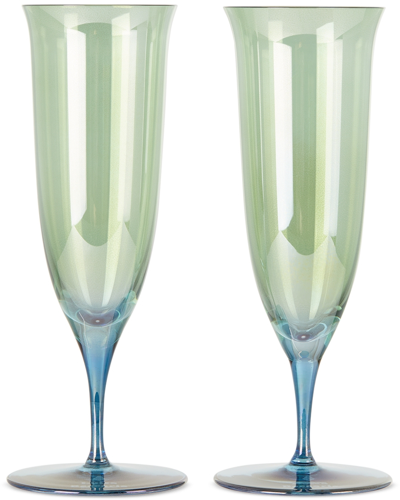 Luisa Beccaria Set Of Two Degradé Glass Champagne Flutes In Green To Blue - 592s