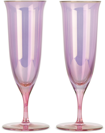 Luisa Beccaria Purple & Pink Shade Glass Flute Set In Violet To Pink - 271
