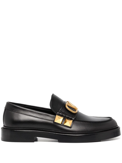 Valentino Garavani Stud Sign V-logo Leather Loafers In Black