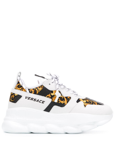 Versace Chain Reaction Suede, Printed Nylon And Leather Sneakers In Multicolor