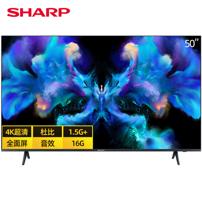 Sharp 夏普（）50英寸全面屏4k超高清 Hdr10技术 1.5+16g 双频wifi 网络智能平板电视机 50x6p In Black