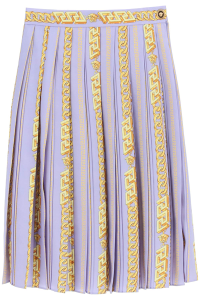 Versace Chain Print Pleated Midi Skirt In Purple,gold