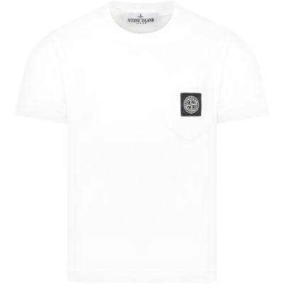 STONE ISLAND JUNIOR WHITE T-SHIRT FOR BOY WITH ICONIC PATCH