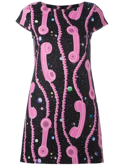 Jeremy Scott Telephone Print Techno Felt Shift Dress In Black/pink