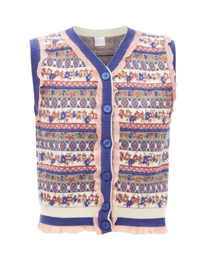 Loretta Caponi Hodei Ruffled Wool-blend Fair Isle Cardigan Vest In Blue Multi