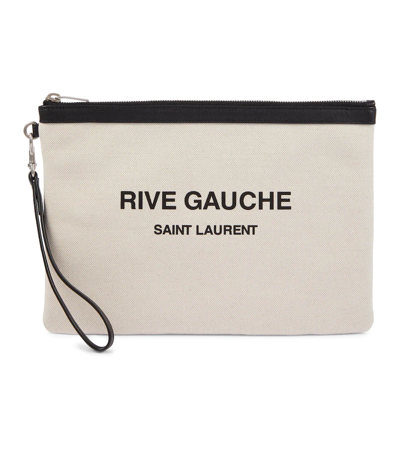 Saint Laurent Rive Gauche Canvas Pouch In Greggio/nero/nero