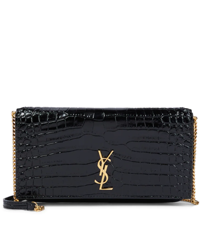 Saint Laurent Croc-effect Leather Wallet On Chain In Nero/nero