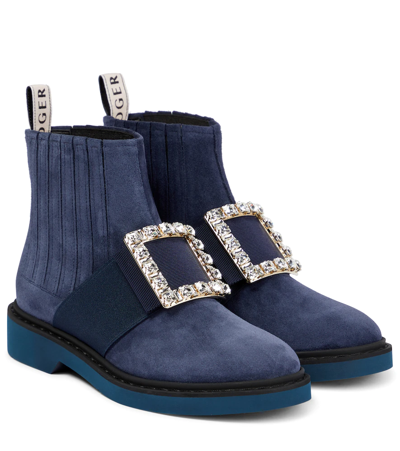Roger Vivier Viv' Rangers Strass Suede Chelsea Boots In Blu Scuro