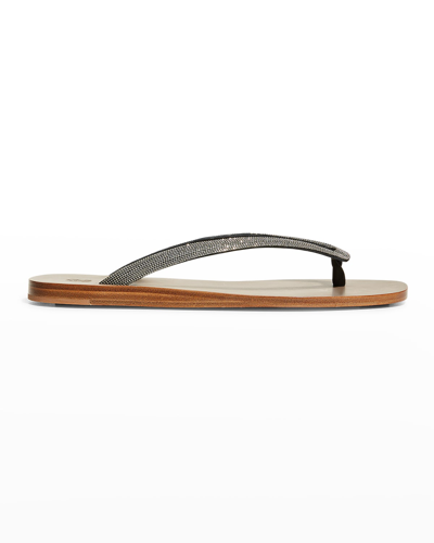 Brunello Cucinelli Monili Leather Thong Sandals In Black W/ Rutenio