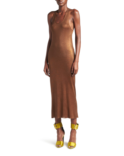 Tom Ford Glossy Racerback Midi Dress In Bronze