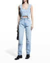 Ganni Cropped Bead-embellished Organic Denim Top In Tint Wash