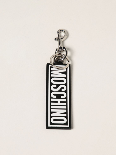 Moschino Leather Keyring With Logo In Black