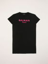 Balmain Kids' Cotton T-shirt Dress With Logo In Fuchsia