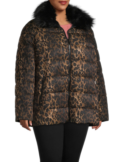 T Tahari Babies' Women's Plus Gemma Faux Fur Trim Leopard Puffer Jacket