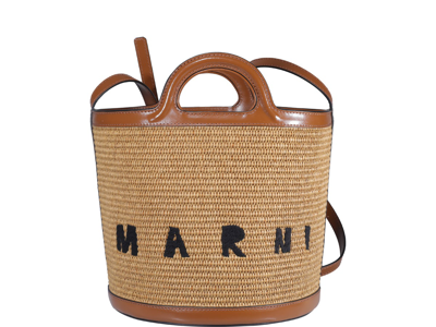 Marni Logo Embroidered Bucket Bag In Brown