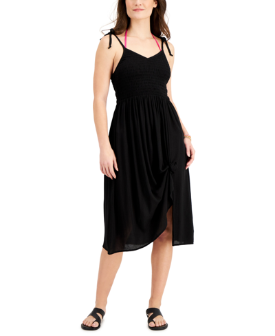 Miken Juniors' Smocked Midi Dress Cover-up, Created For Macy's Women's Swimsuit In Black