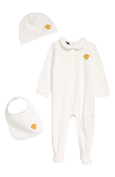 Versace Babies' Medusa Logo Cotton Footie, Bib & Cap Set In 2w110 Bianco Oro