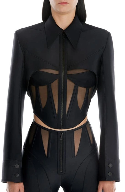 Mugler Mesh-paneled Cropped Jacket In Black