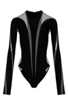 Mugler Illusion Mesh Long Sleeve Bodysuit In Black / Black