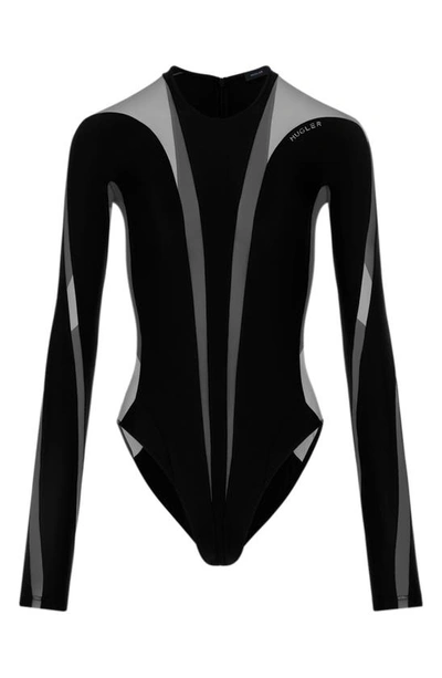Mugler Illusion Mesh Long Sleeve Bodysuit In Black