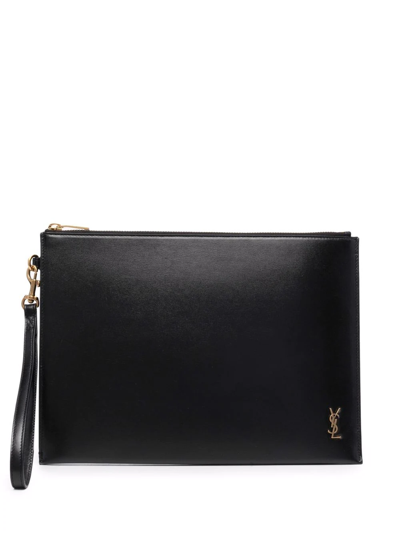 Saint Laurent Monogram Leather Clutch In Schwarz