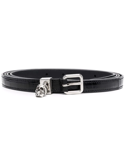 Alexander Mcqueen Skull-charm Crocodile-embossed Belt In Schwarz