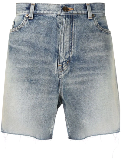 Saint Laurent Raw-edge Cotton Denim Shorts In Blau