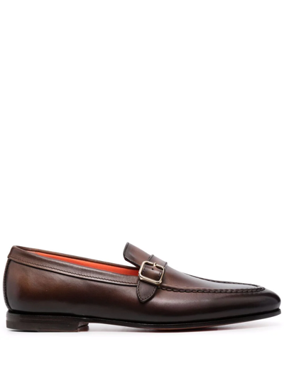 Santoni Buckle-detail Leather Loafers In Braun