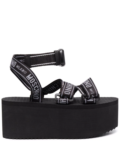 Moschino 80mm Nylon Platform Wedge Sandals In Black
