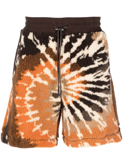 Amiri Wide-leg Leather-trimmed Tie-dyed Drawstring Shorts In Brown Fleece