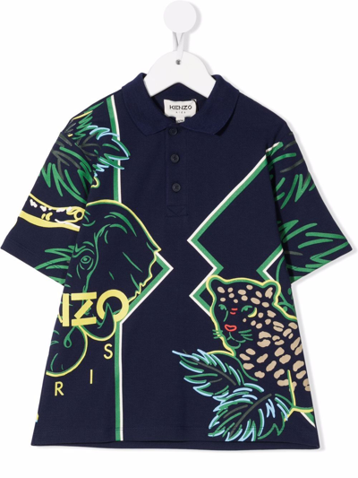 Kenzo Kids' Elephant-print Cotton Polo Shirt In Blu