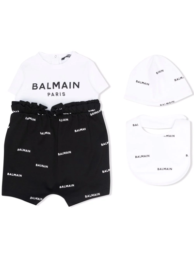 Balmain Babies' Kid's Logo-print Playsuit 3-piece Set In 100ne Whiteblk