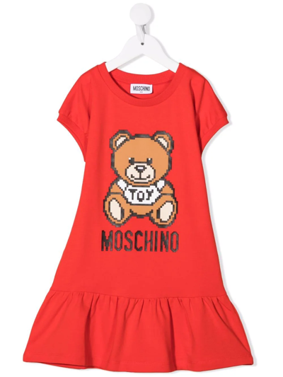 Moschino Kids' Red Cotton Dress With Teddy Bear Print In Rosso