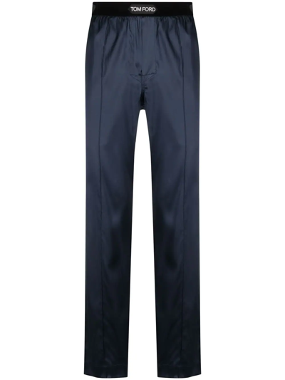 Tom Ford Velvet-trimmed Stretch-silk Satin Pyjama Trousers In Blue