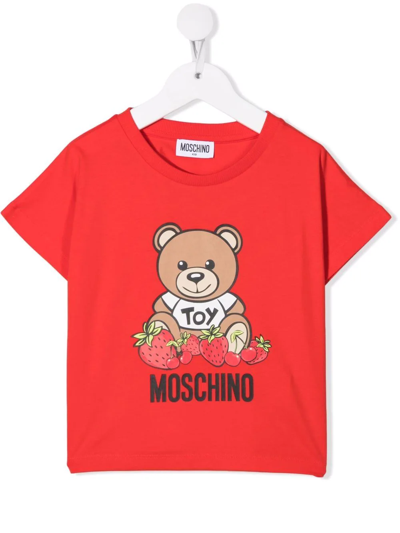 Moschino Kids Red T-shirt With Strawberry Teddy Bear Print In Poppy Red