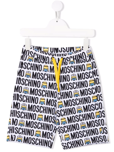 Moschino Kids White Bermuda With All-over Minions And Logo Print In Bianco