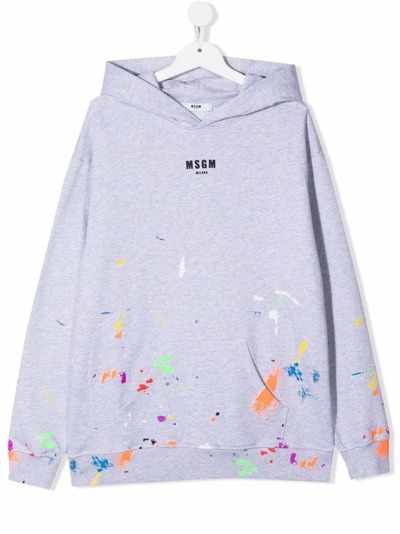 Msgm Kids' Paint-splatter Print Hoodie In Grey