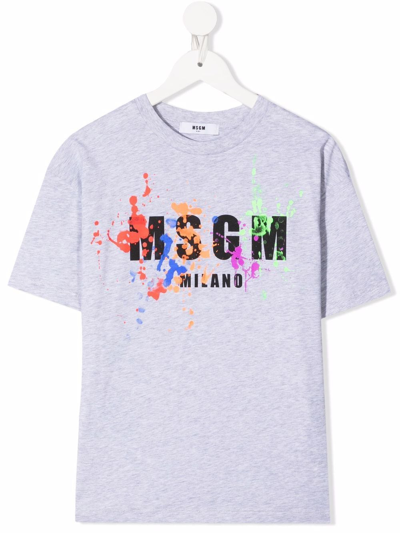 Msgm Kids' Paint-splatter Print T-shirt In Grey