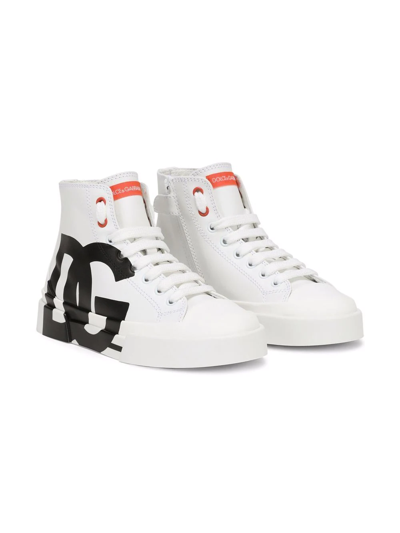 Dolce & Gabbana Kids' Logo Leather Blend High Top Sneakers In Bianco+nero