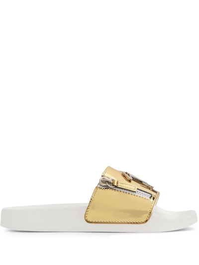 Giuseppe Zanotti Brett Logo Zip Slides In Gold