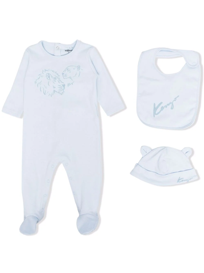 Kenzo Baby Boy Light Blu Romper Set With Hat And Bib, Animal Print, Round Neckline, Long Sleeves And Side 