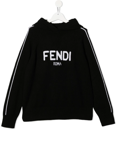 Fendi Kids' Logo-knit Pullover Cashmere Hoodie In Black