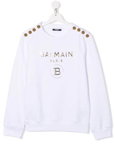 Balmain Teen Metallic Logo-print Long-sleeve Sweatshirt In White