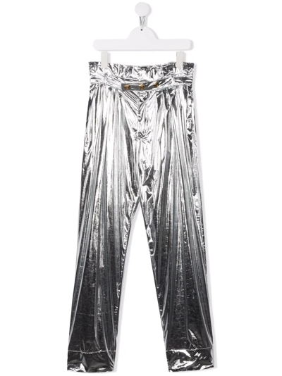Balmain Teen Metallic-effect Straight-leg Trousers In Grey