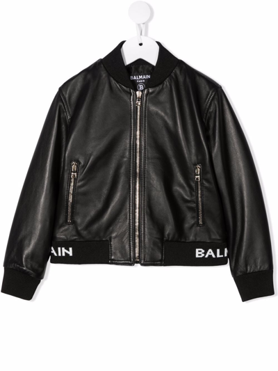 Balmain Kids' Logo-band Leather Bomber Jacket In Black