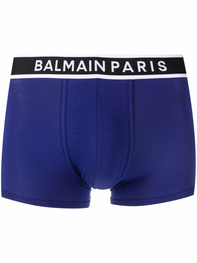 Balmain Logo-waistband Regular-fit Stretch-cotton Trunks In Ink Blue